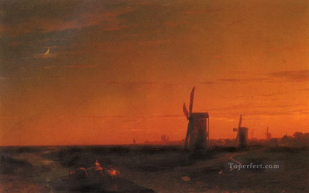 landscape with windmills Romantic Ivan Aivazovsky Russian Oil Paintings